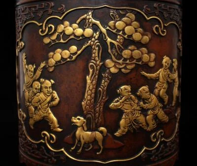 Xuande Wu Bangzuo Signed Old Chinese Red Copper Gilding Brush Pot w/kids