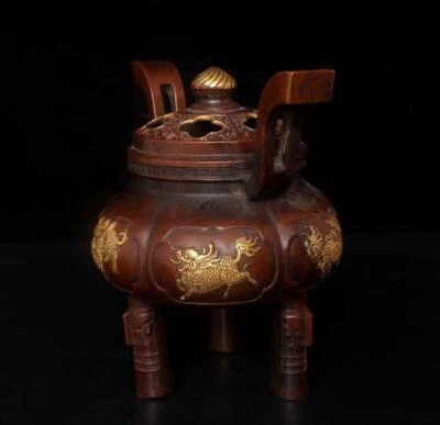 Ming Xuande Signed Old Chinese Red Copper Gilding Incense Burner w/kylin N2686