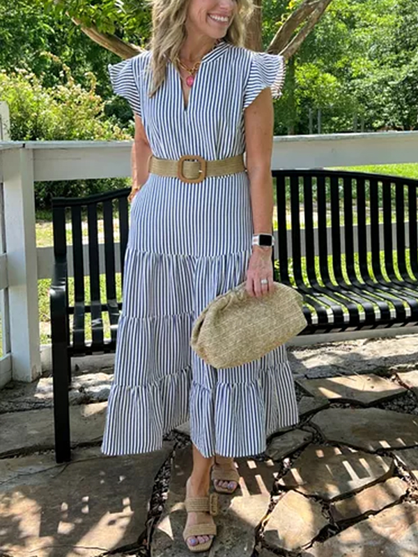 🌲🔥 Striped V Neck Ruffle Shirt Dress