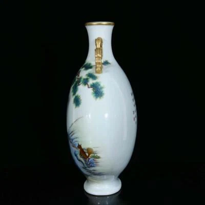 40CM Qianlong Signed Old Chinese Colour Enamel Vase W/deer N3428