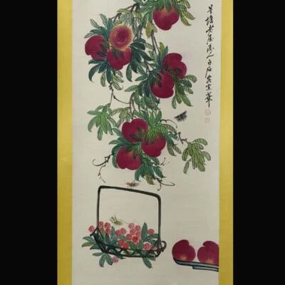 Qi Baishi Signed Chinese Hand Painted Calligraphy Scroll w/peach N1841