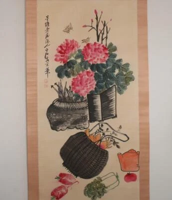 Chinese Old Qi Baishi Watercolor Scroll Painting Peony Flower 78.35”