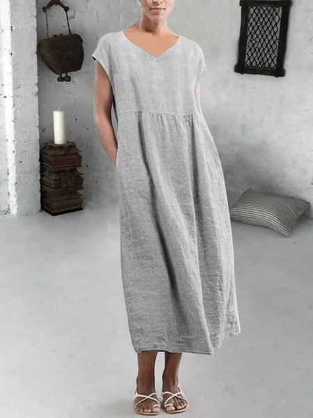 Solid Color Casual V Neck Short Sleeve Dress