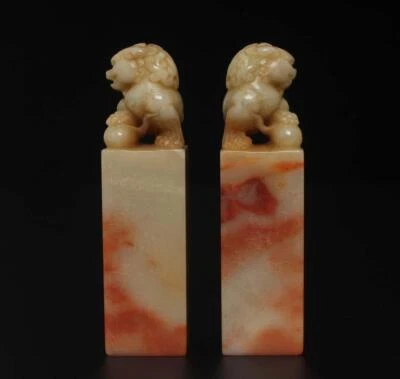 264G Signed Pair Old Chinese Shoushan Stone Seal Stamp Statue w/lion