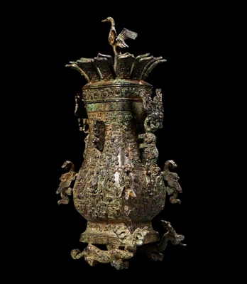 28CM Old Chinese Bronze Statue Zun Pot w/crane N4330