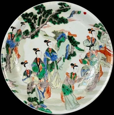 28CM Kangxi Signed Old Chinese Wucai Dish Plate W/ lady N179