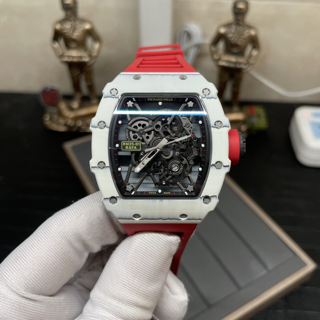 【7A Quality】Richard Mille RM 35-01 Replica Rafael Nadal White Carbon Case Red Strap Watch | Swiss Movement, Skeleton Dial