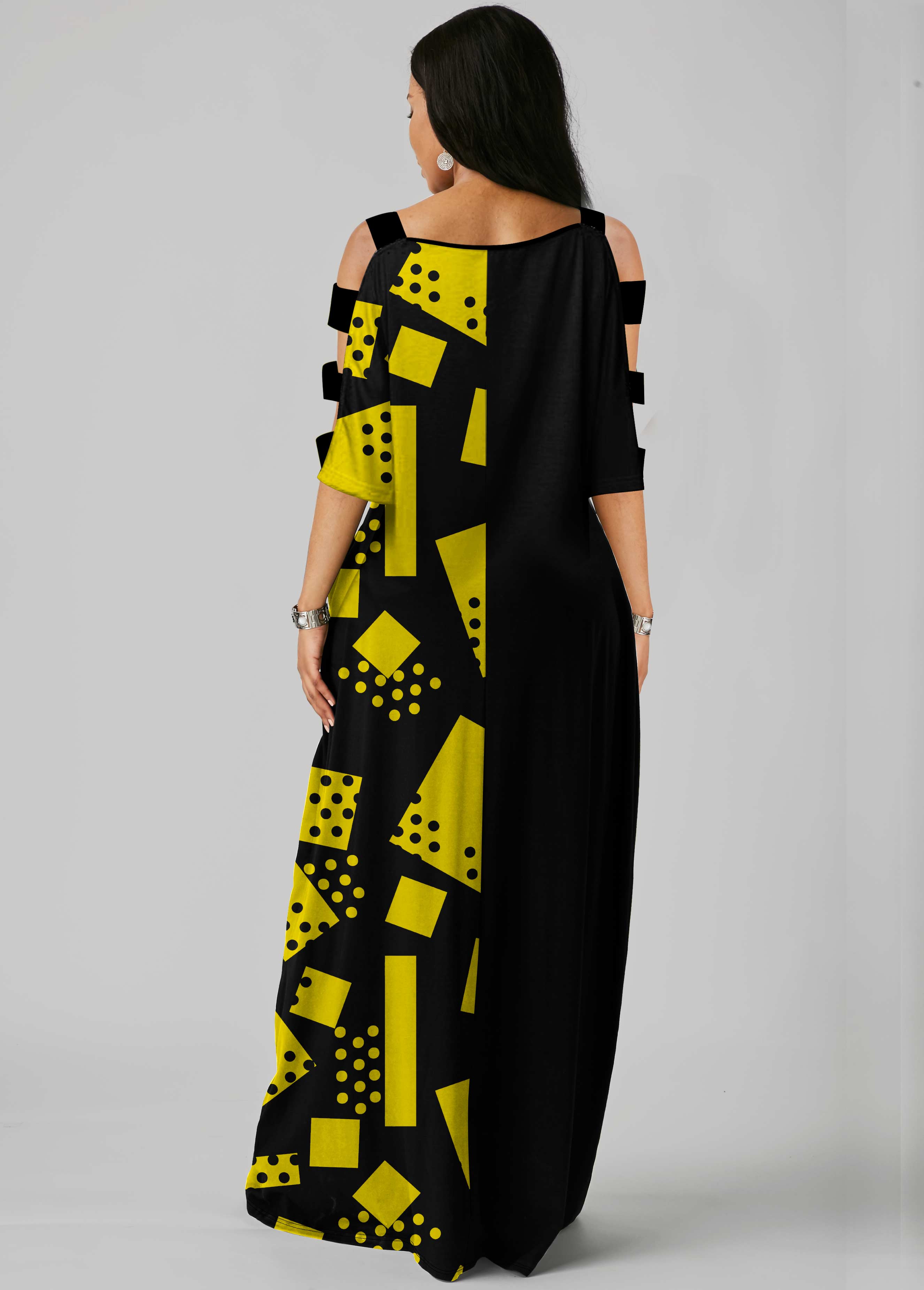 Side Pocket Geometric Print Ladder Cutout Sleeve Maxi Dress
