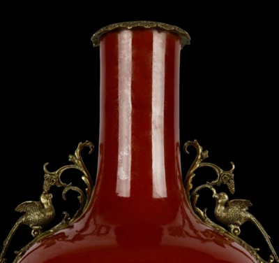 66CM Yongzheng Signed Old Chinese Red Glaze Vase w/bird N3973