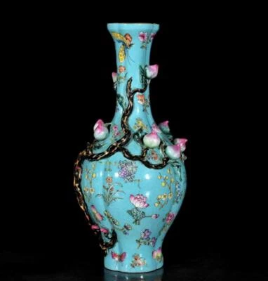 32CM Qianlong Signed Old Chinese Colour Enamel Vase W/peach N3612