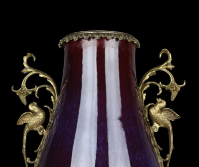 47CM Yongzheng Signed Old Chinese Jun Kiln Yaobian Glaze Vase w/bird N4046