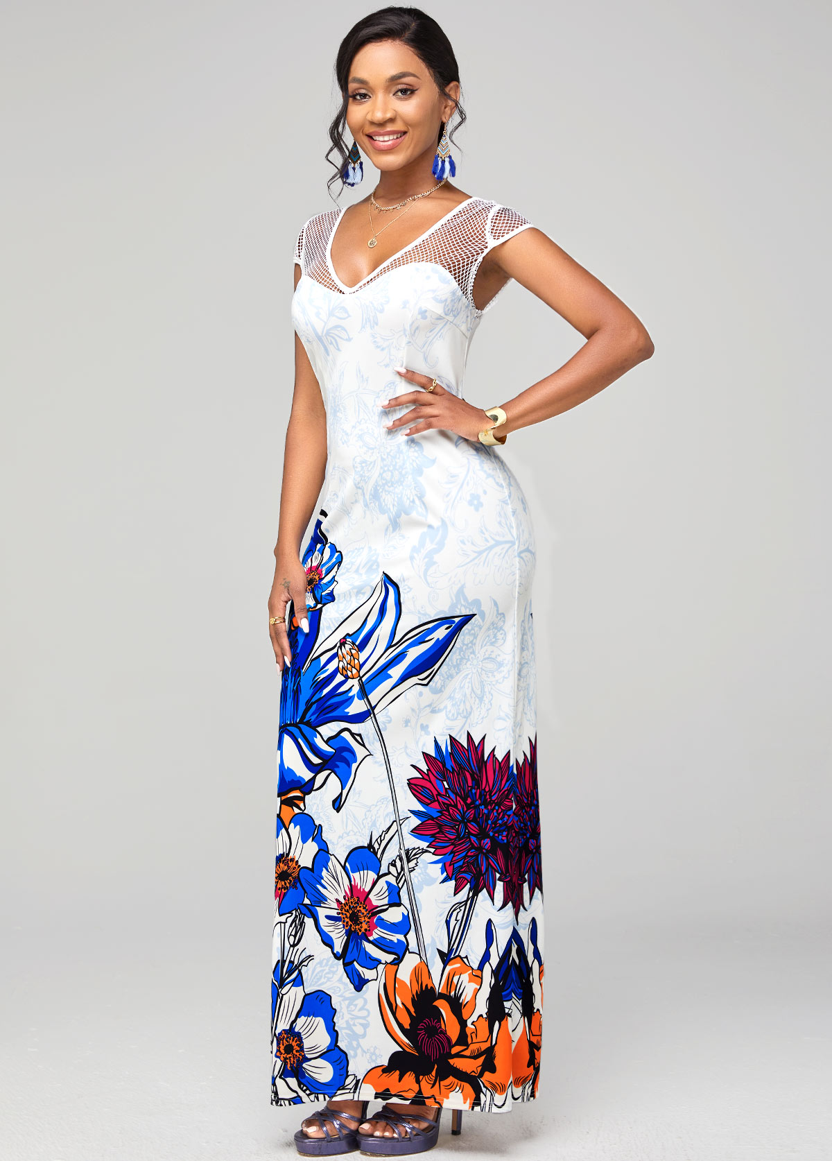Short Sleeve Fishnet Panel Floral Print Dress