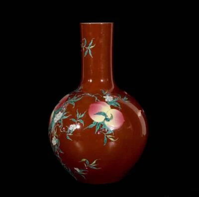 38CM Yongzheng Signed Old Chinese Famille Rose Vase W/peach N3357
