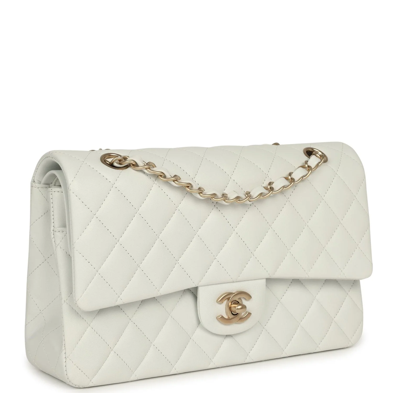CHANEL Medium Classic Double Flap Bag White Lambskin Brushed Gold Hardware