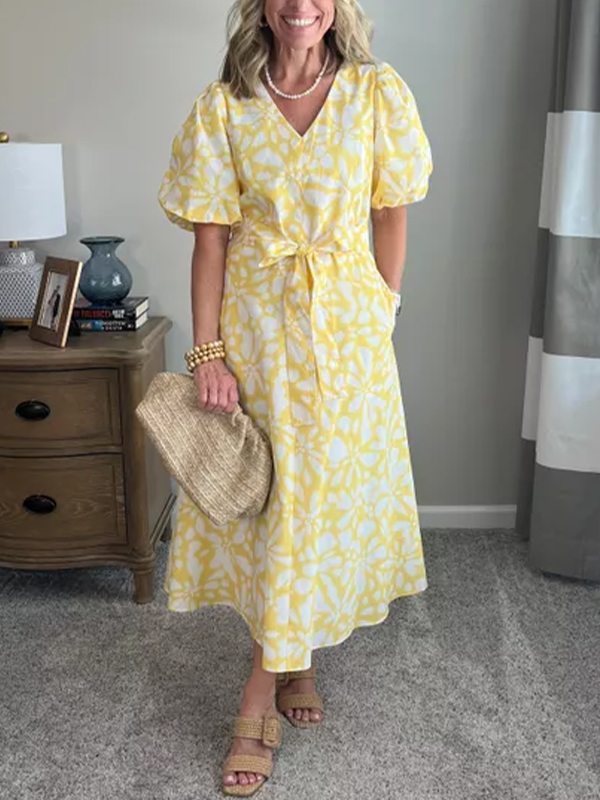 NEW🔥 V Neck Bubble Sleeve Printed Belted Dress