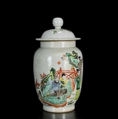 Pair Kangxi Signed Pair Old Chinese Famille Rose Lid Pot W/figure N768