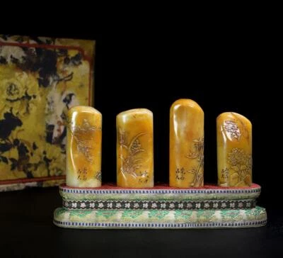 780G Four Old Chinese Shoushan Stone Seal Stamp Statue w/flower N985