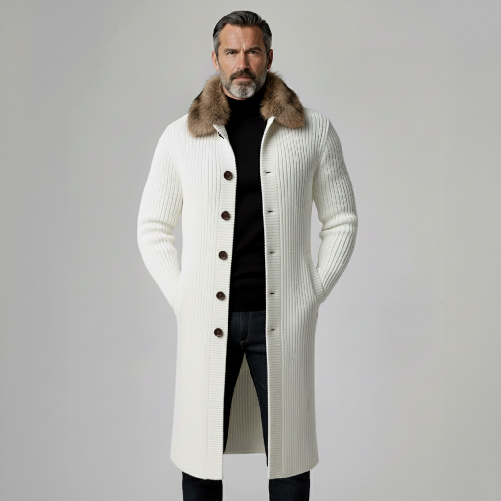 Men's White Fur Collar Single-Breasted Pocket Ribbed Knit Long Cardigans
