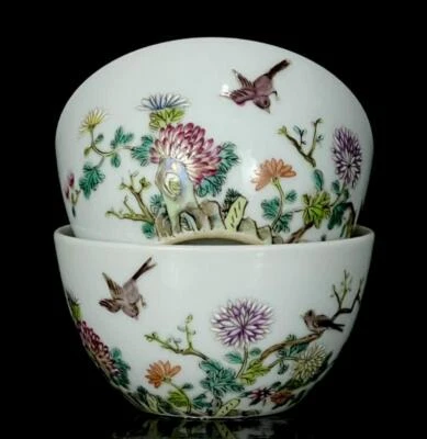 Yongzheng Signed Pair Old Chinese Famille Rose Cup W/bird CK644