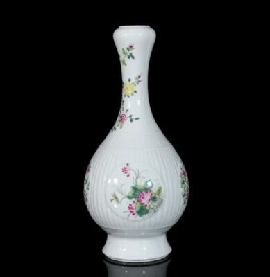 35CM Qianlong Signed Old Chinese Colour Enamel Vase W/flower N3412