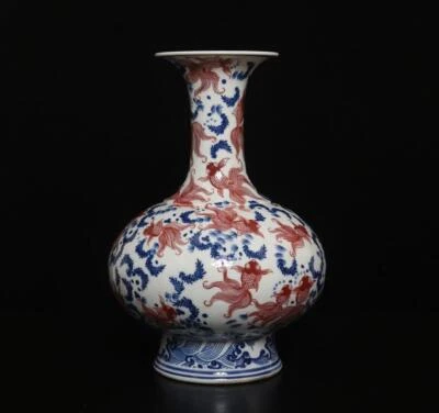 30CM Qianlong Signed Old Chinese Blue & White Porcelain Vase w/ fish
