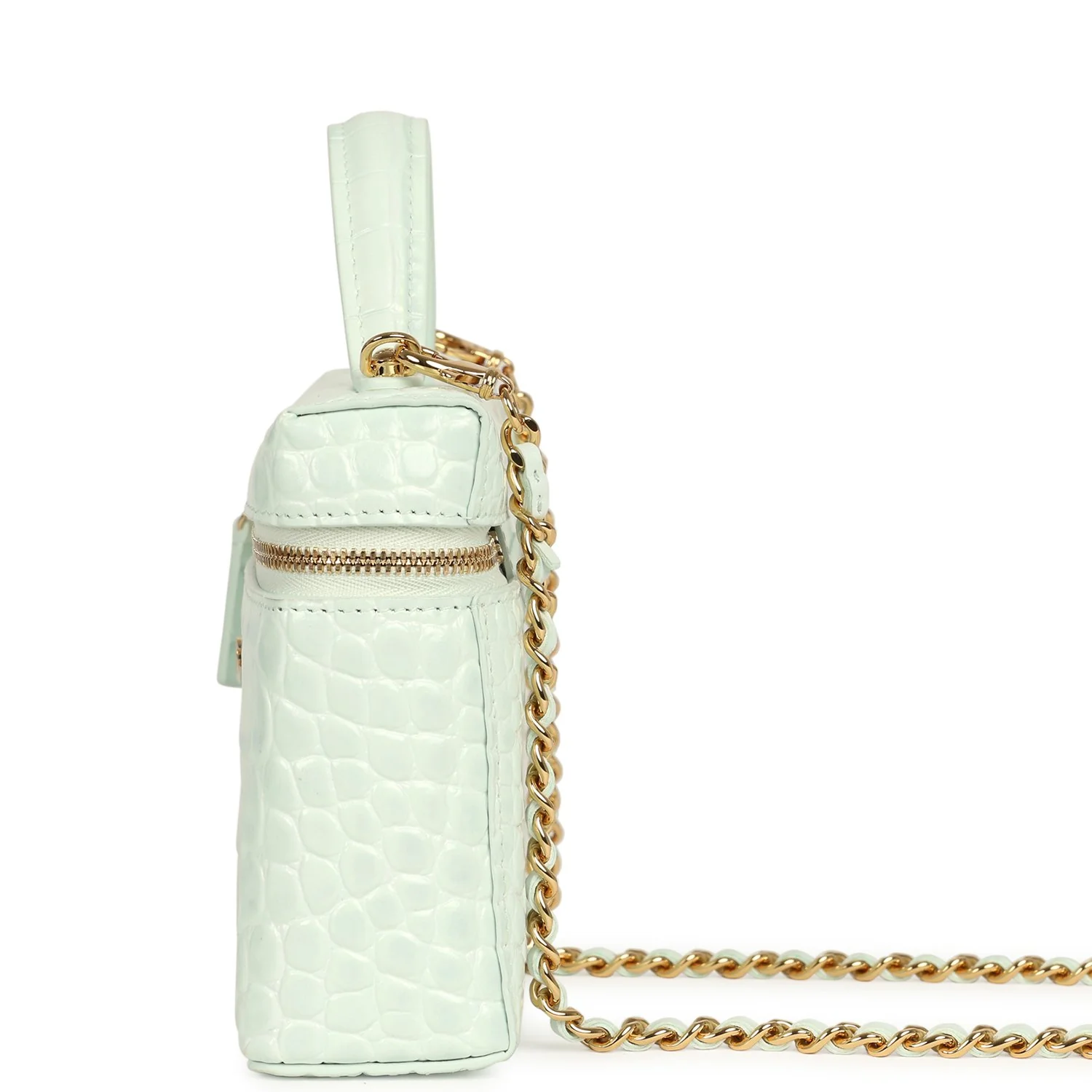 Chanel Top Handle Long Vanity Case with Chain Mint Croc Embossed Calfskin Gold Hardware