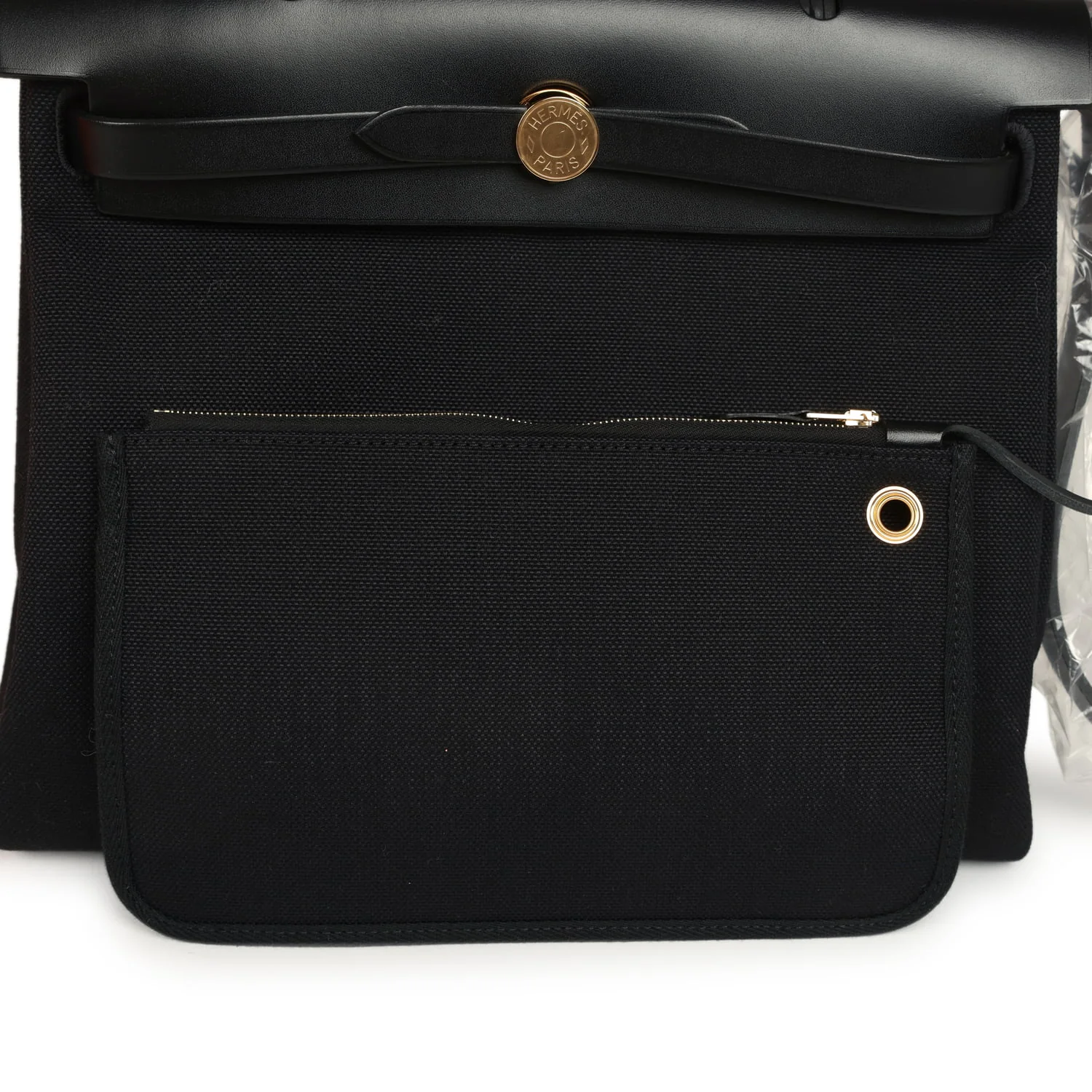 Hermes Herbag Zip 31 PM Black Toile Militaire Canvas, Vache Hunter Gold Hardware