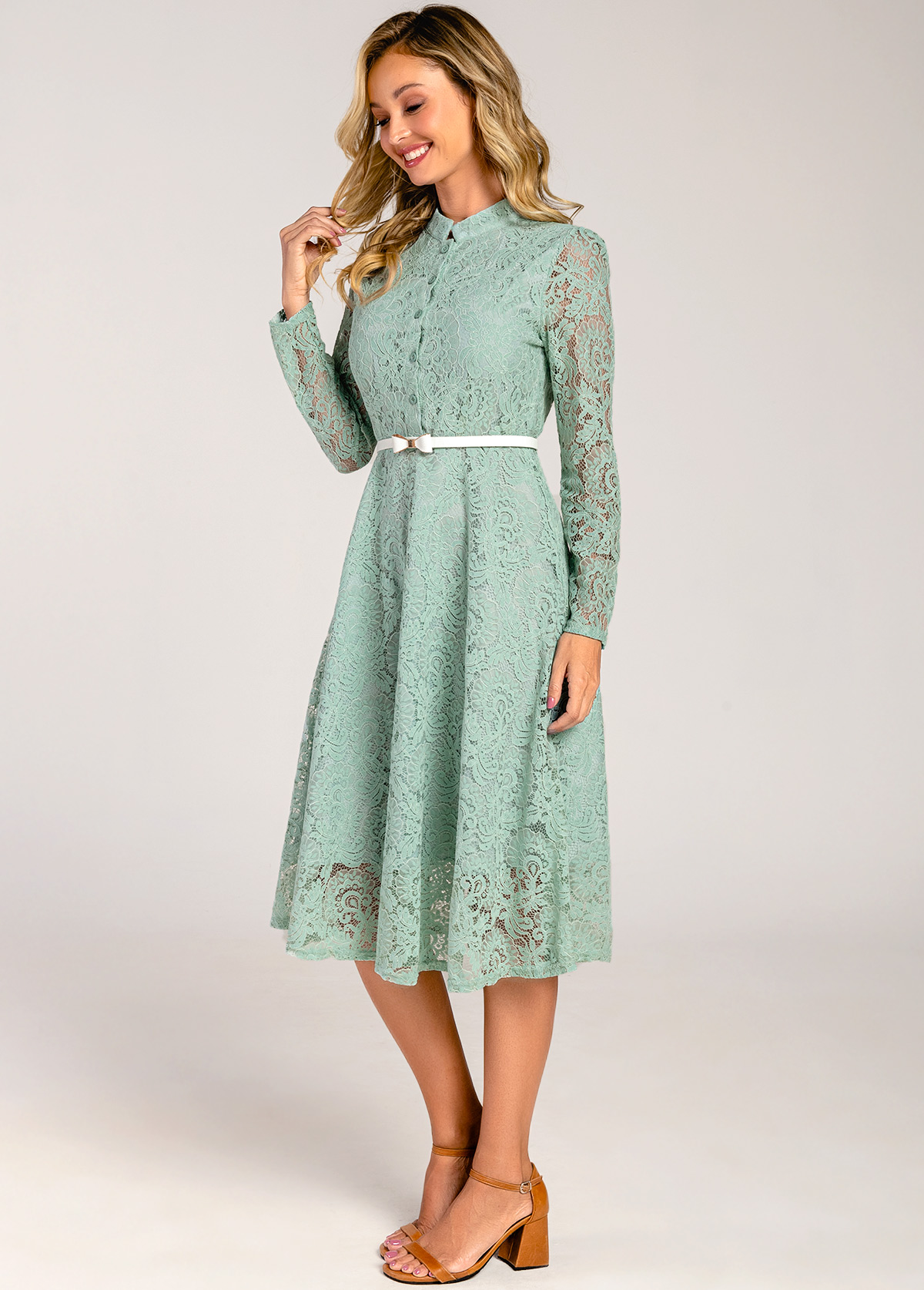 Bowknot Belted Lace Trim Mock Neck Sage Green Dress