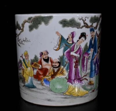 Wang Dafan Signed Old Chinese Famille Rose Brush Pot W/figure N291