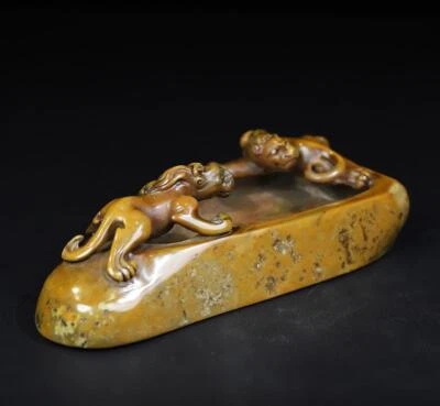 642g Signed Old Chinese Shoushan Stone Statue Brush Washer w/dragon CK251