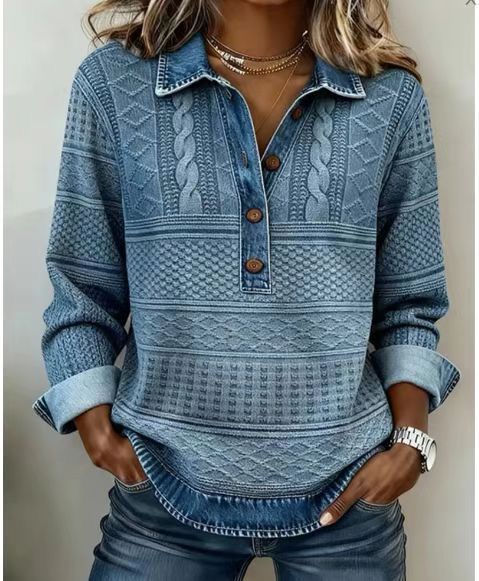 Light Grey Denim Patchwork Buttoned Polo Collar Long Sleeve Top