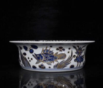 Old Chinese Blue and White Basin Pot W/fish N317