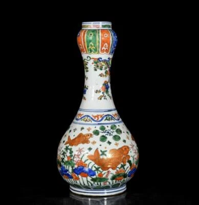 39CM Jiajing Signed Old Chinese Wucai Vase W/fish N3465