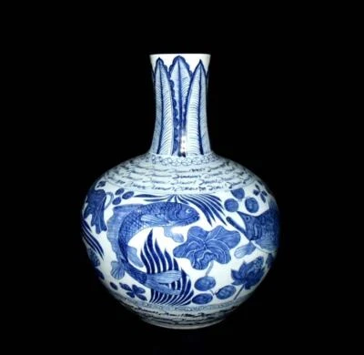 39CM Signed Old Chinese Blue and White Vase W/fish N3053