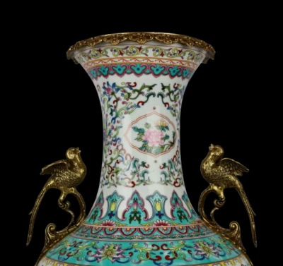 48CM Qianlong Signed Old Chinese Famille Rose Vase w/flower N3941