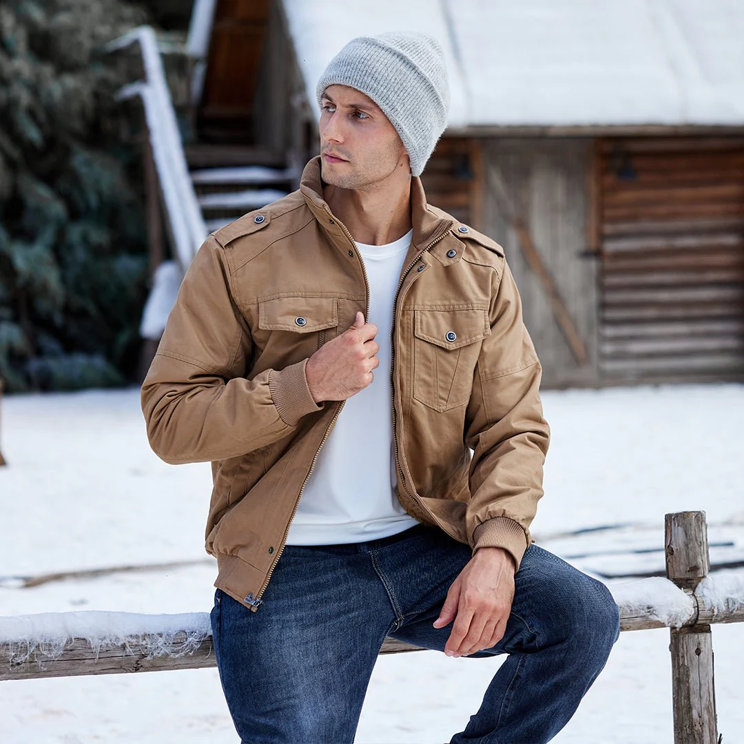 Men's Winter Jacket-Fleece Cotton Casual Cargo Bomber Jacket