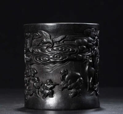 Signed Old Chinese Wood Brush Pot w/figure N3519