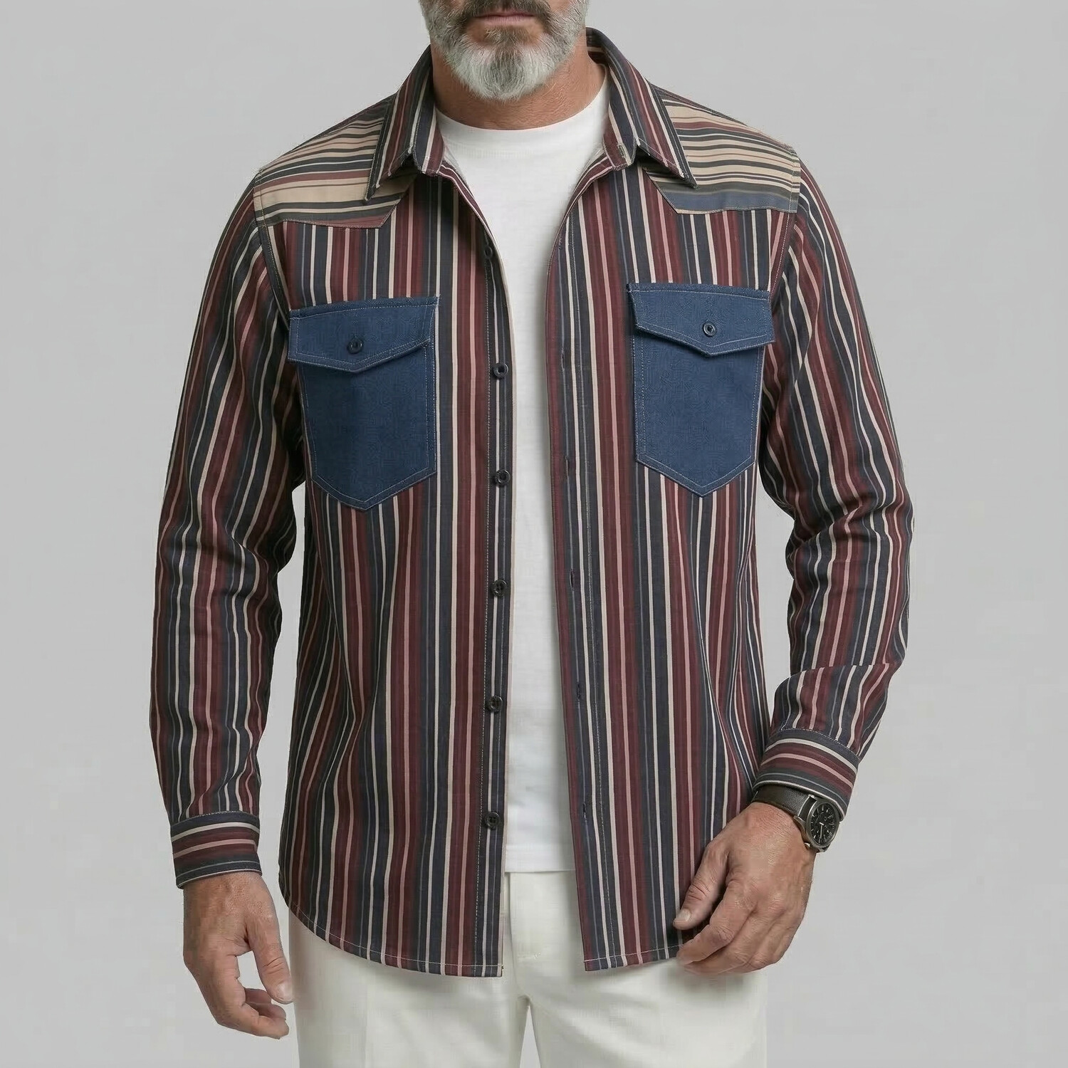 Men's Casual Dim Gray Striped Print Flap Pockets Turndown Collar Shirt