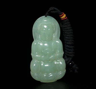 31G Chinese Natural Green Jadeite Jade Pendant w/Guanyin Buddha