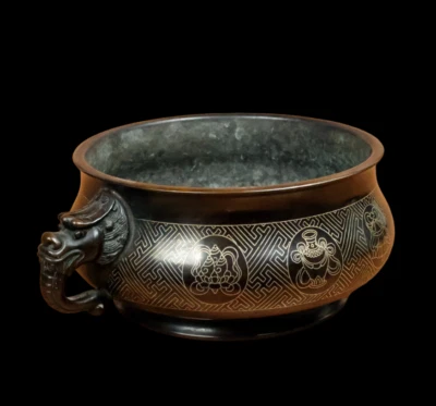 Shisou Signed Old Chinese Red Copper Handmade Incense Burner w/dragon N3886