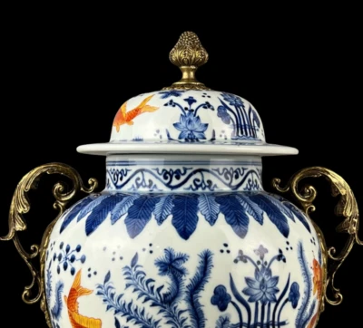 45CM Jiajing Signed Old Chinese Blue and White Pot Vase w/fish N3902