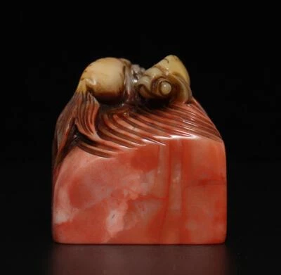 Signed Old Chinese Shoushan Stone Seal Stamp Statue w/fish 314g