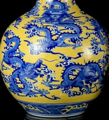 39CM Qianlong Signed Old Chinese Blue & White Yellow Glaze Porcelain Vase CK99