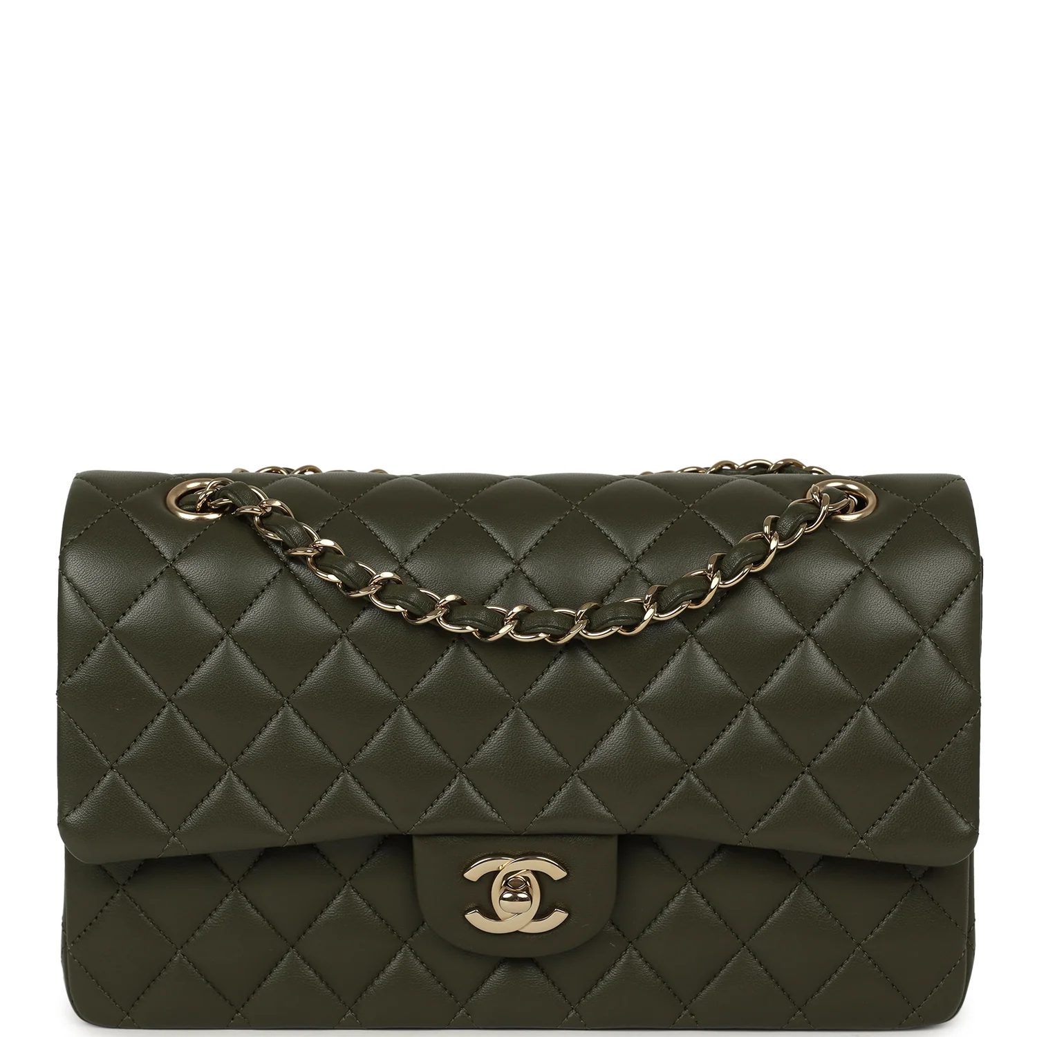 CHANEL Medium Classic Double Flap Bag Khaki Lambskin Gold Hardware