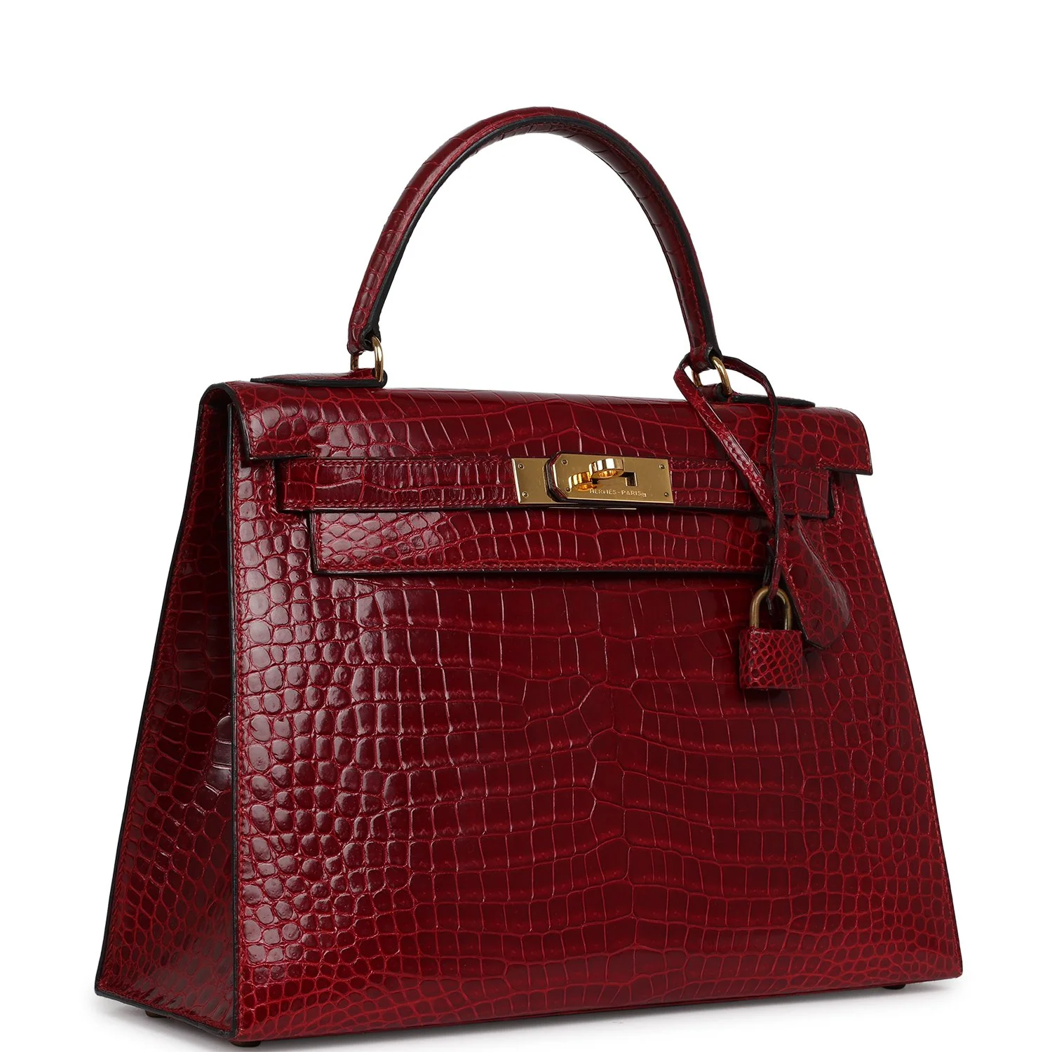 HERMÈS Kelly Sellier 28 Bordeaux Shiny Porosus Crocodile Gold Hardware