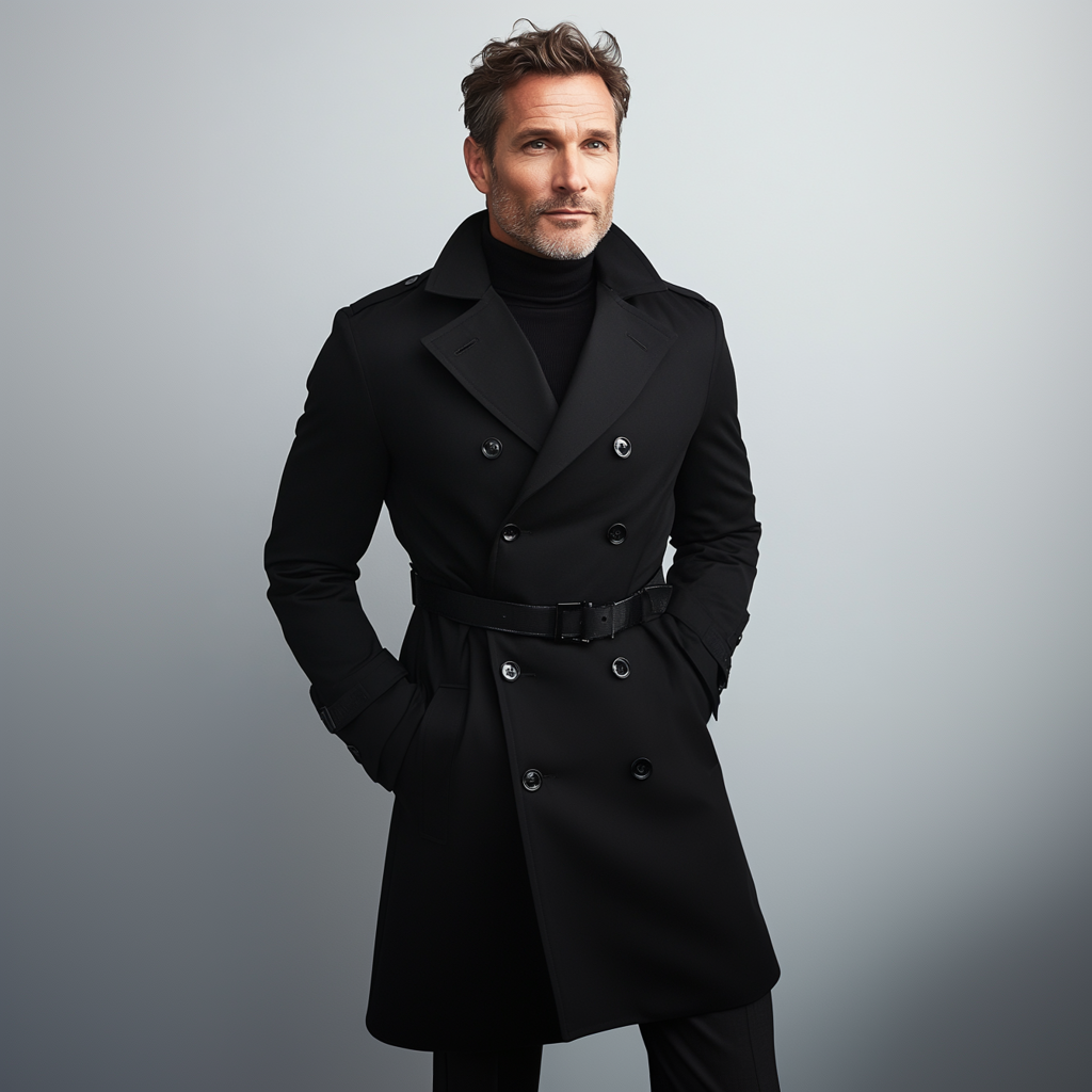 Men's Business Lapel Collar Double Breasted Belt Trench Coat