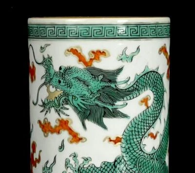 Guangxu Signed Old Chinese Green Glaze Gilding Brush Pot W/dragon CK430
