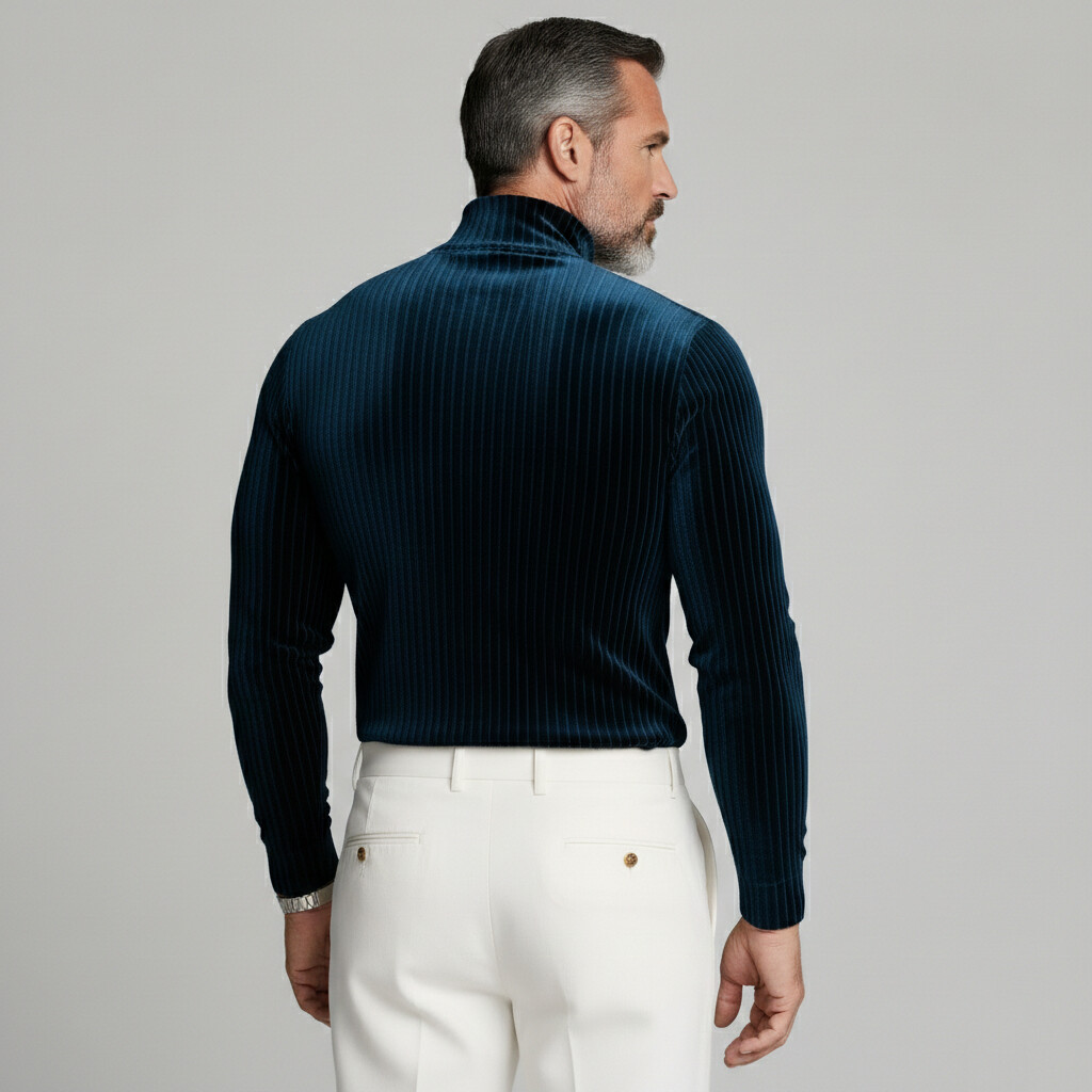 [Pre-Order] Men's Basics Peacock Blue Striped Velvet High Neck Long Sleeve T-Shirts