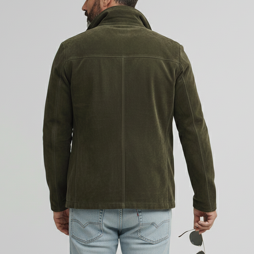 Men's Retro Army Green Suede Solid Lapel Collar Double Breasted Long Sleeve Jackets