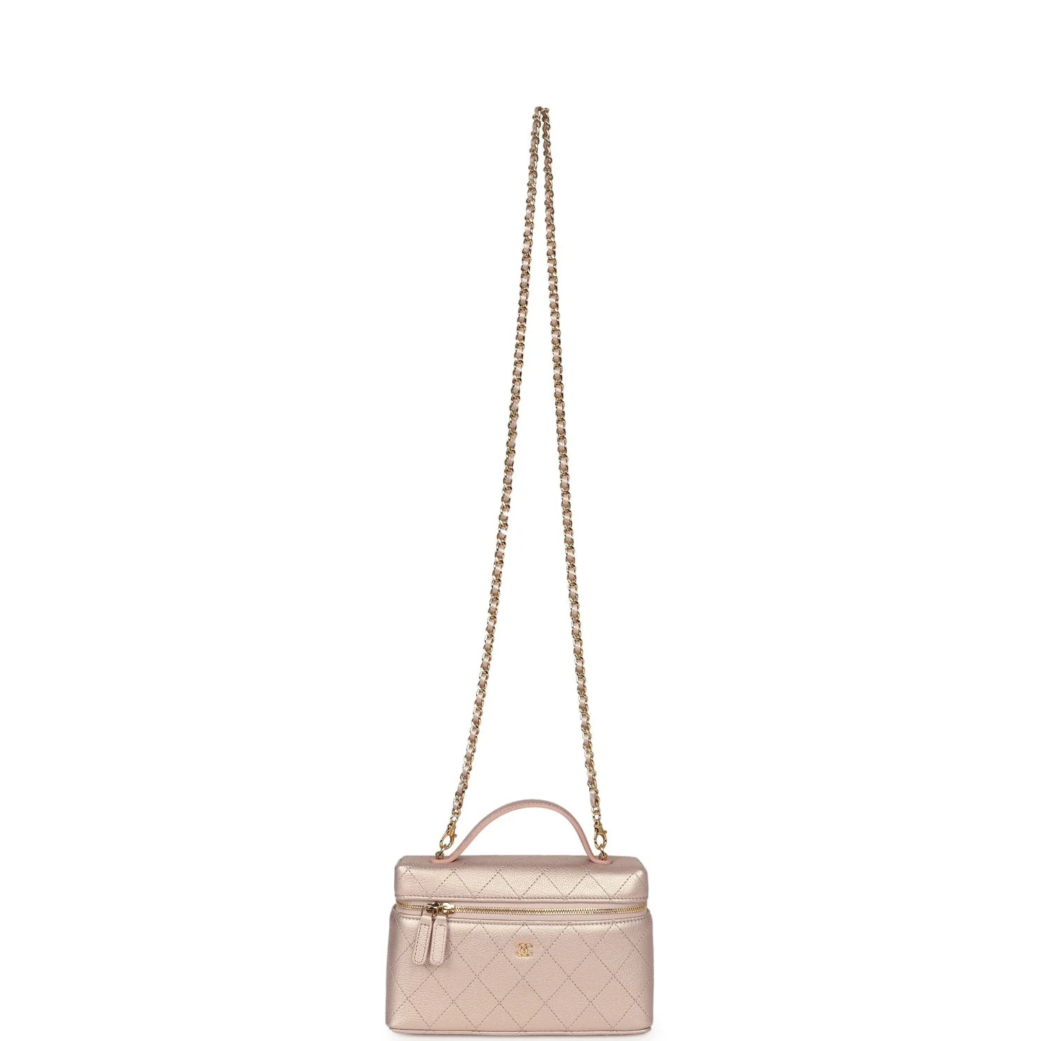 Chanel Top Handle Long Vanity Case with Chain Pink Iridescent Grained Goatskin Gold Hardware